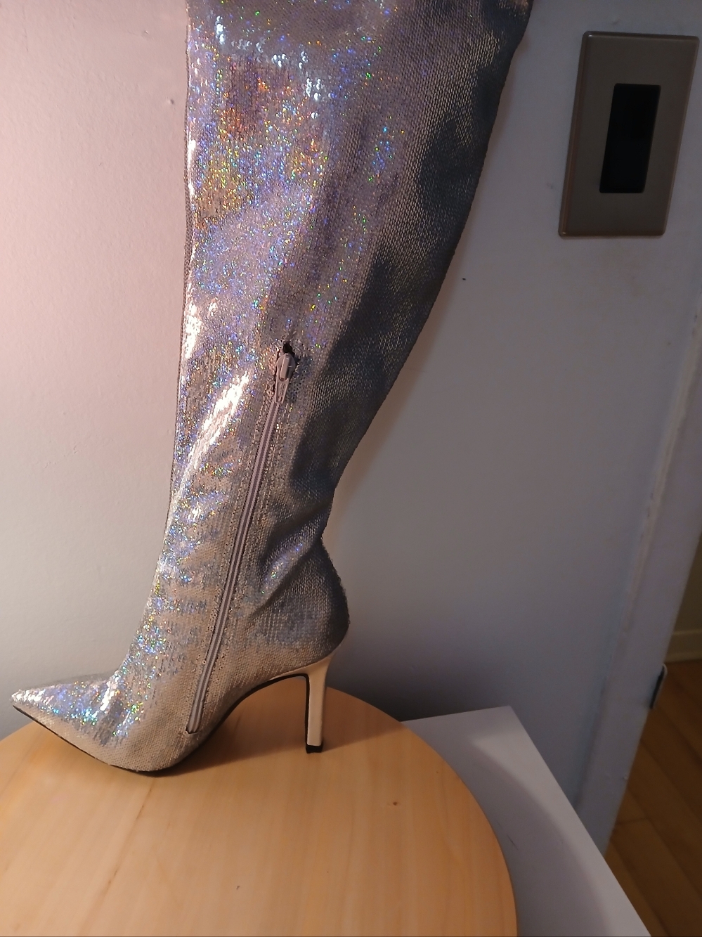 L'INTERVALLE Silver Sequin Over-the-Knee Stiletto Boot